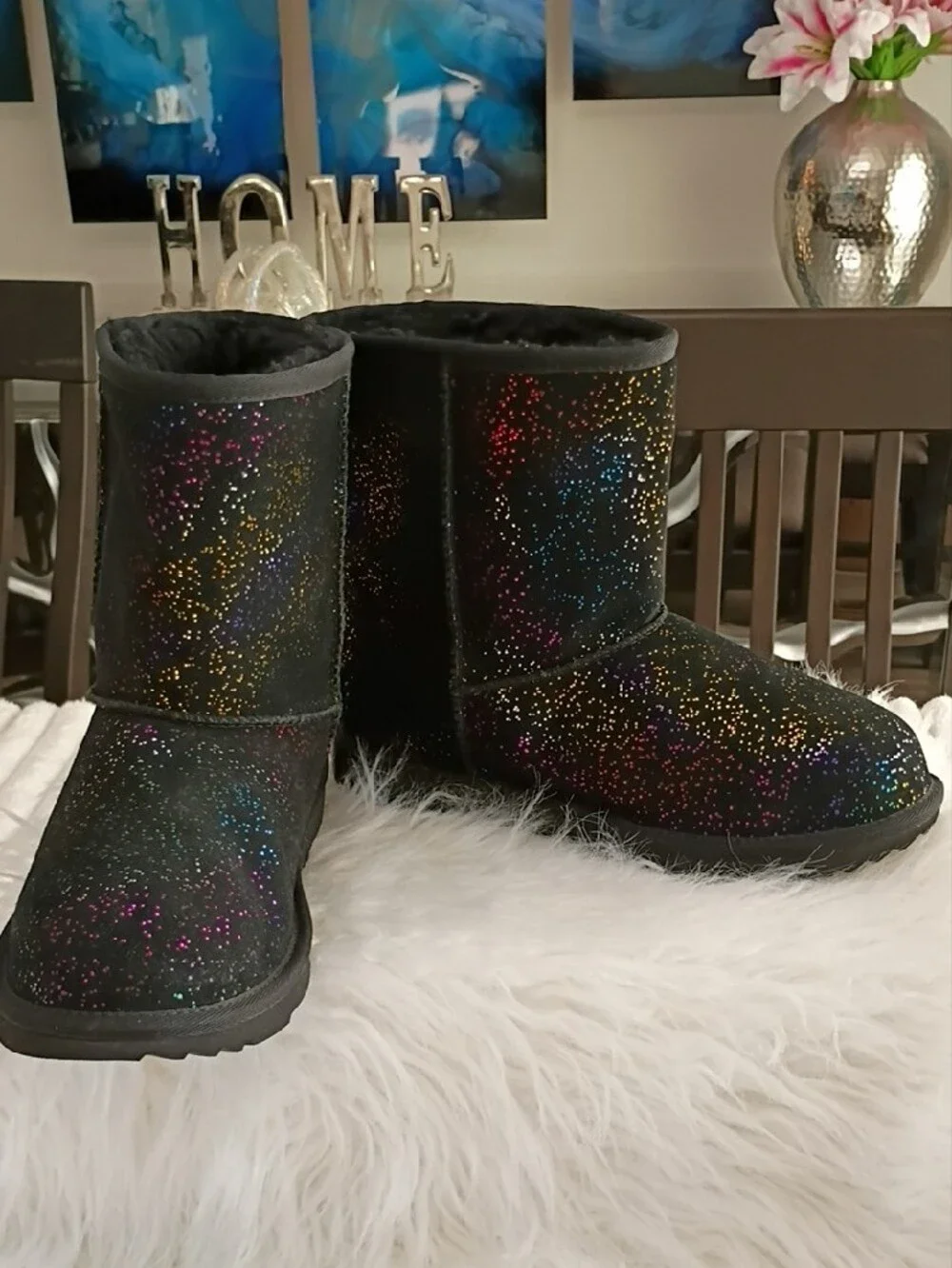 New UGG Classic II Shimmer Sky Glitter Boots in Black Rainbow Glitter